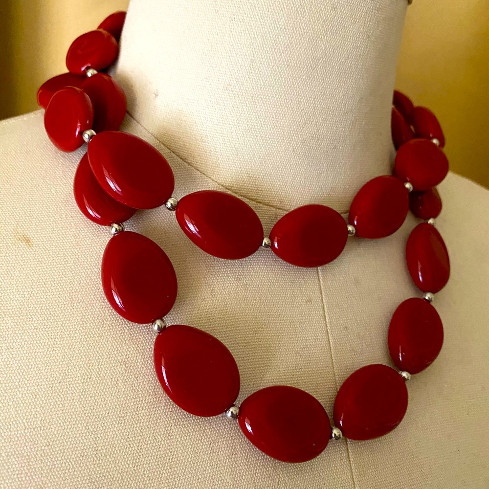 Red Oval Bead Chunky Statement Necklace